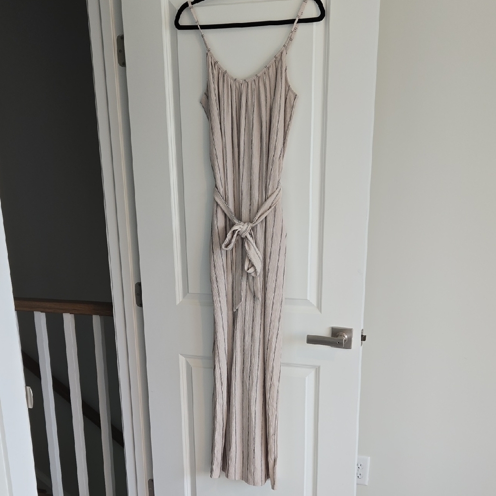 Light Taupe Striped Women's Jumpsuit with Tie Waist